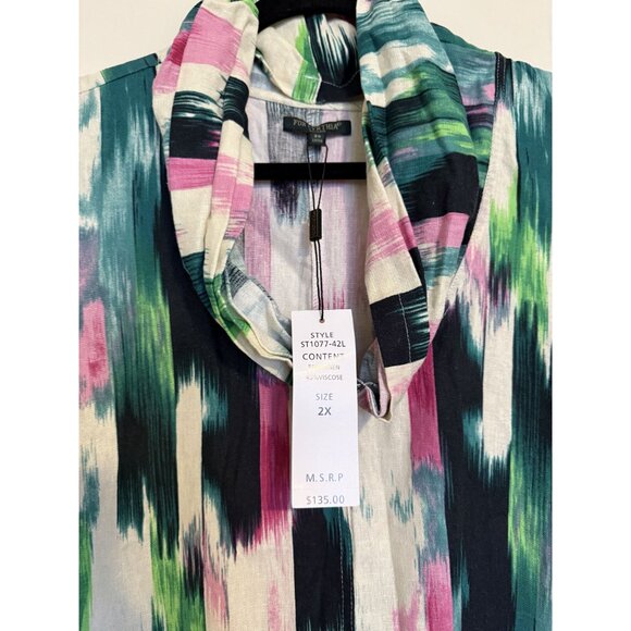 For Cynthia Linen Blend Cowl Neck Hi Low Midi Green/Pink Brush Stroke Dress 2X - Picture 8 of 8